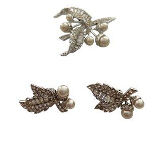 Boucher Faux Pearl Brooch & Clip Earrings Set Silver-Tone With Rhinestone Accent